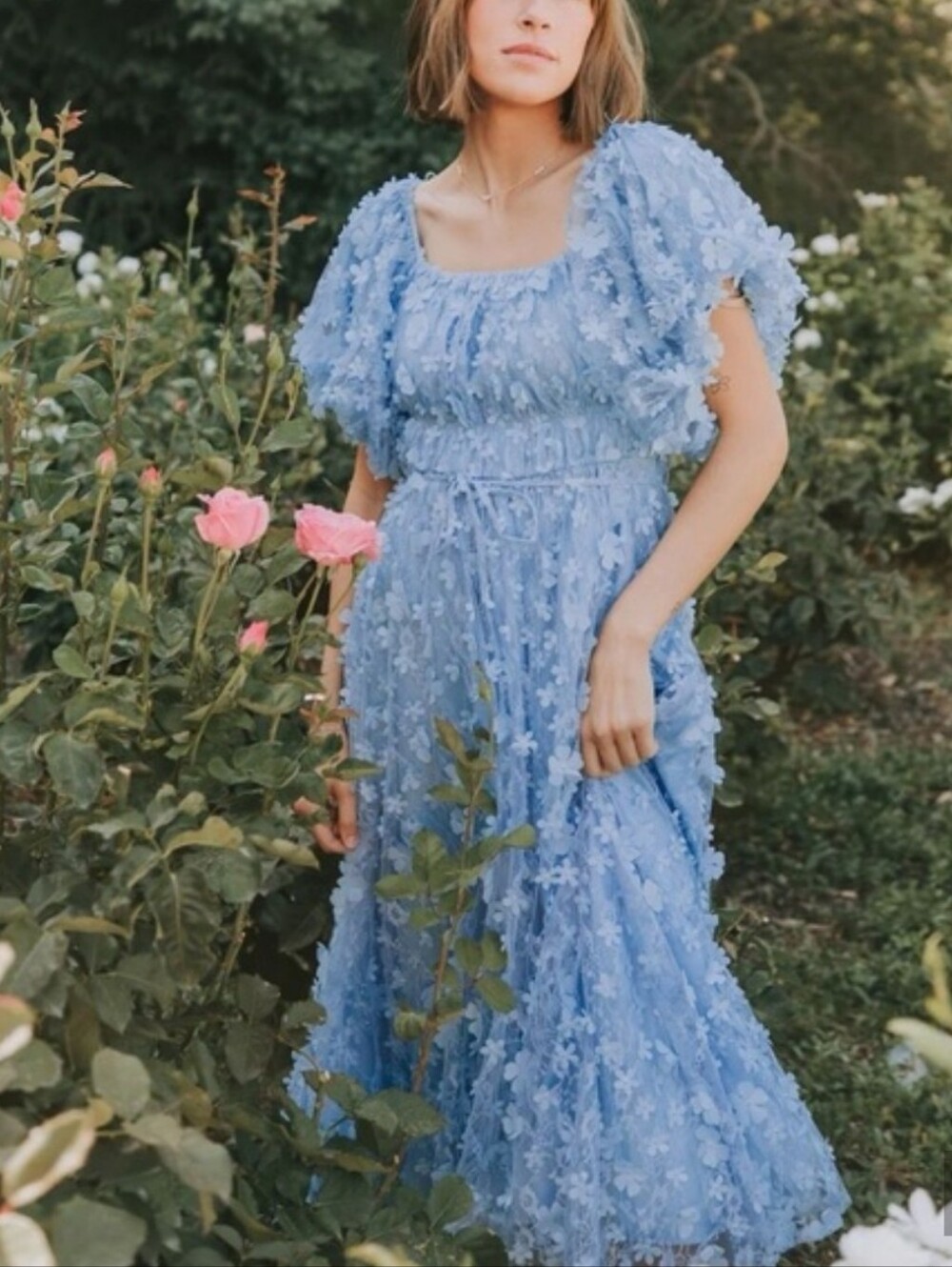 Baby Blue Wonderstruck 3D Floral Puff Sleeve Midi Dress 2XL One Loved Babe